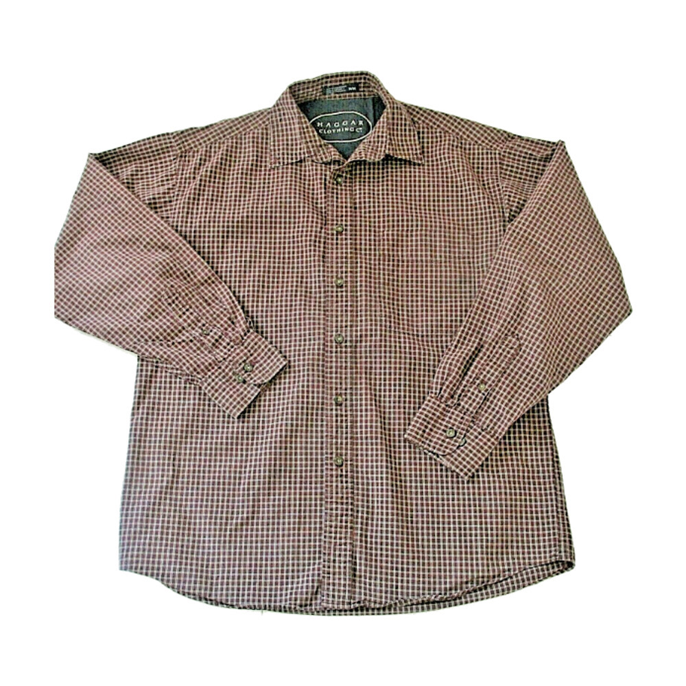 Haggar Button Front Dress Shirt Mens Medium‎ Red Plaid Long Sleeve Collared Top